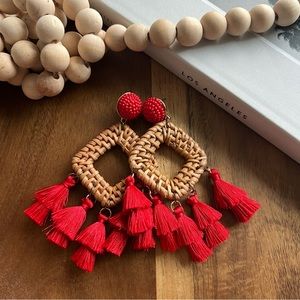 Rattan and Red Tassle Earrings ♥️